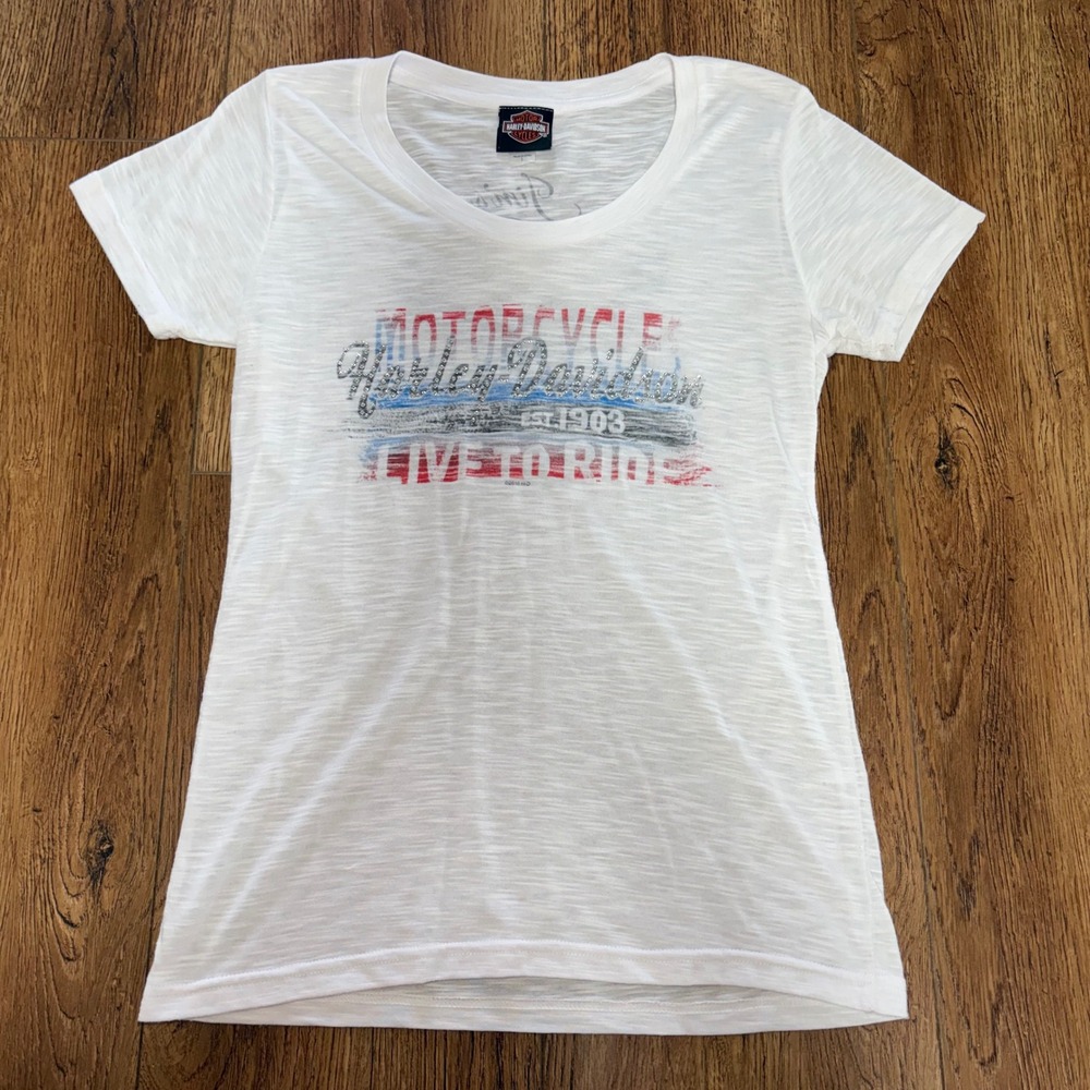 Harley-Davidson White Slub Graphic Tee Rhinestone Live to Ride Florida Womens L